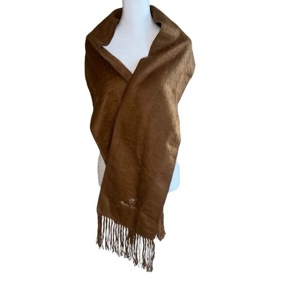 Alpaca Camargo Fringed Brown Alpaca Scarf Embroidered Brand & Logo - Picture 3 of 8